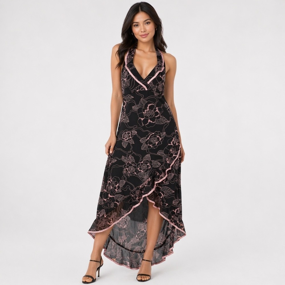 Ruby Rox Y2K Fairy Halter Dress Women L Black Floral Babydoll Grunge 90s Stretch